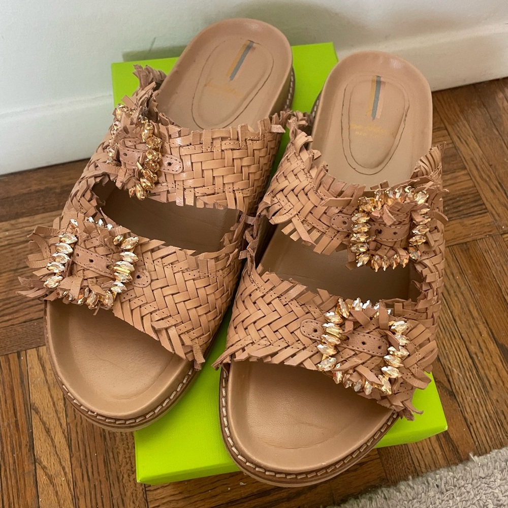 Sam Edelman *Brand New* raffia footbed sandal with rhinestone buckles
